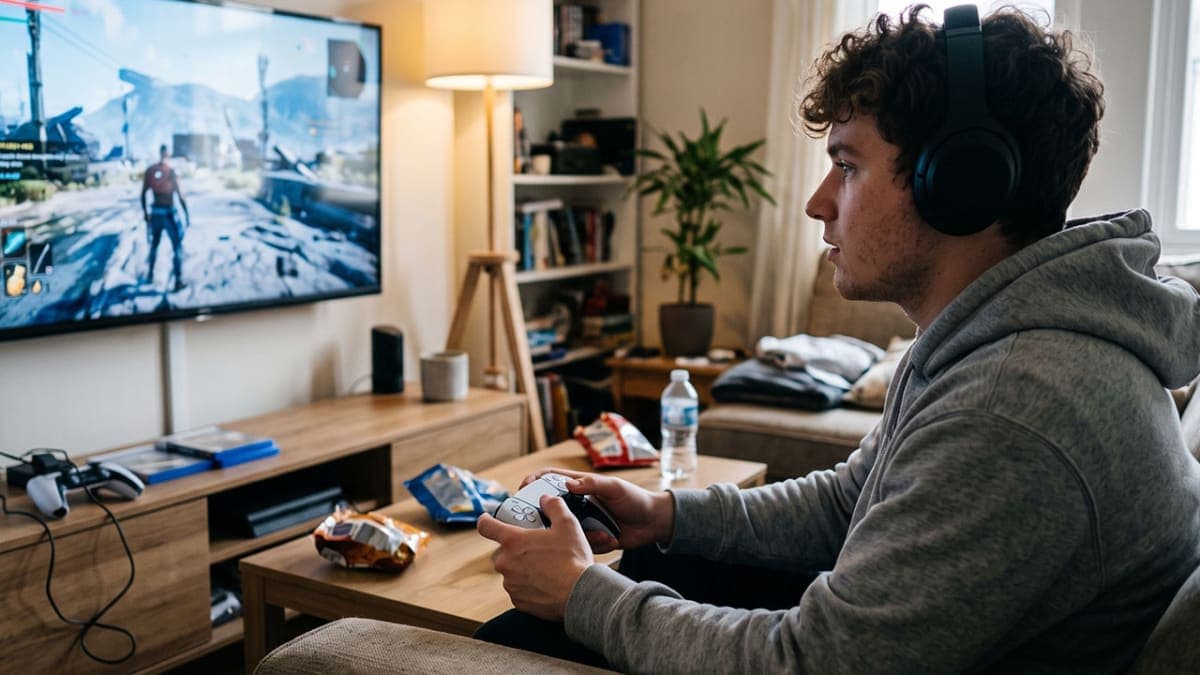 A young man in a hoodie and headphones plays a PlayStation game on a lounge TV, snacks and a controller in hand