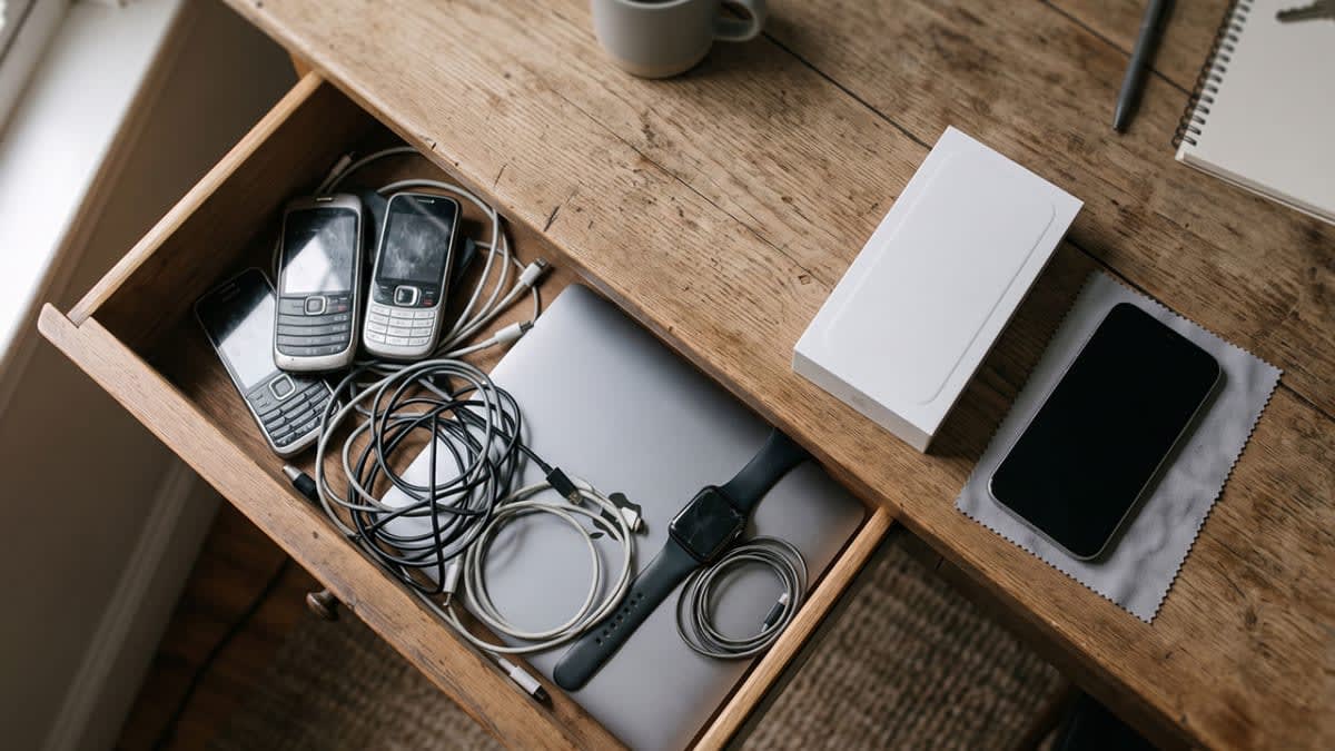 Assorted old devices including a phone, laptop and smartwatch beside a new phone, illustrating trading in old tech in NZ