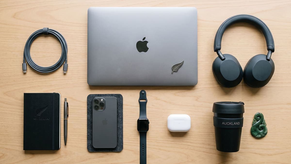 A top down shot of Apple tech in a New Zealand home