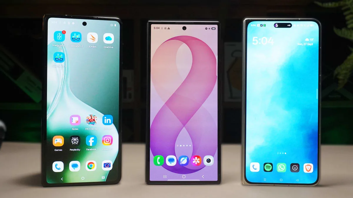 OPPO Find N6, Motorola Razr Fold and Samsung Galaxy Z Fold8 Ultra folded and standing side by side