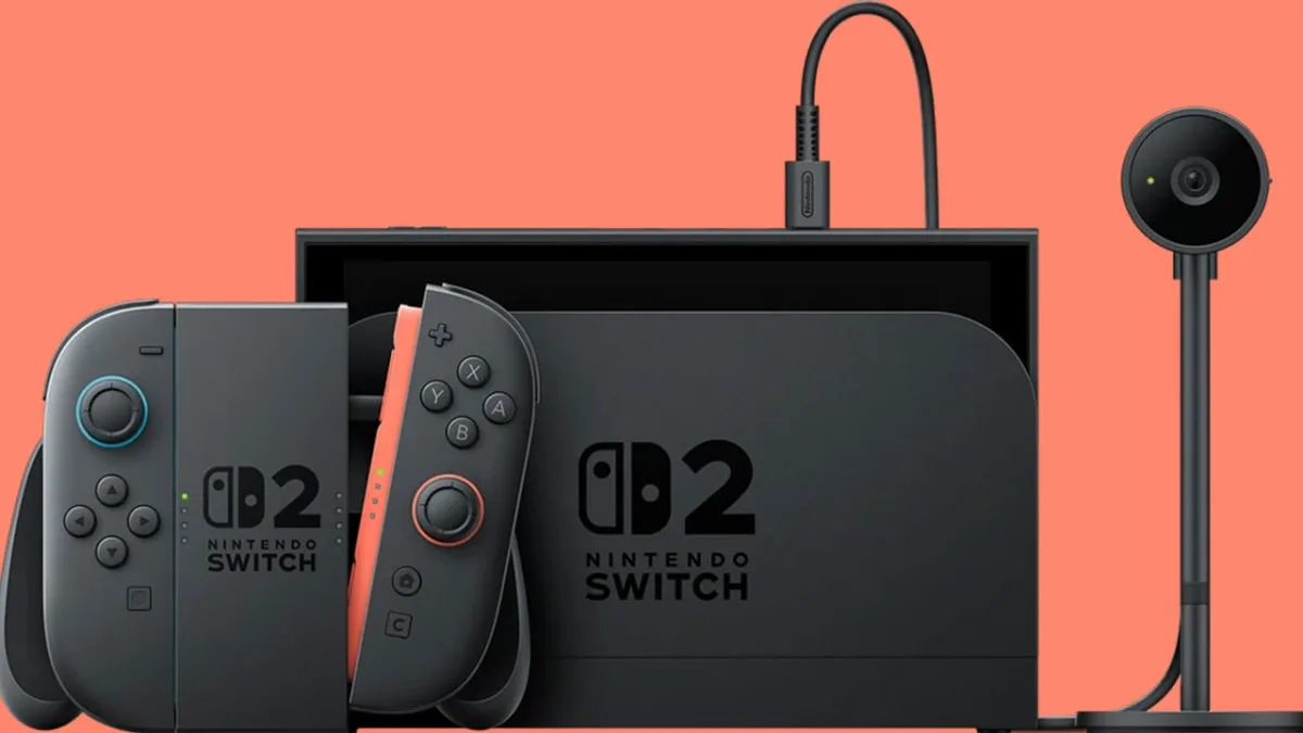 Nintendo Switch 2 console with Joy-Con 2 controllers and the Switch 2 camera on a coral background